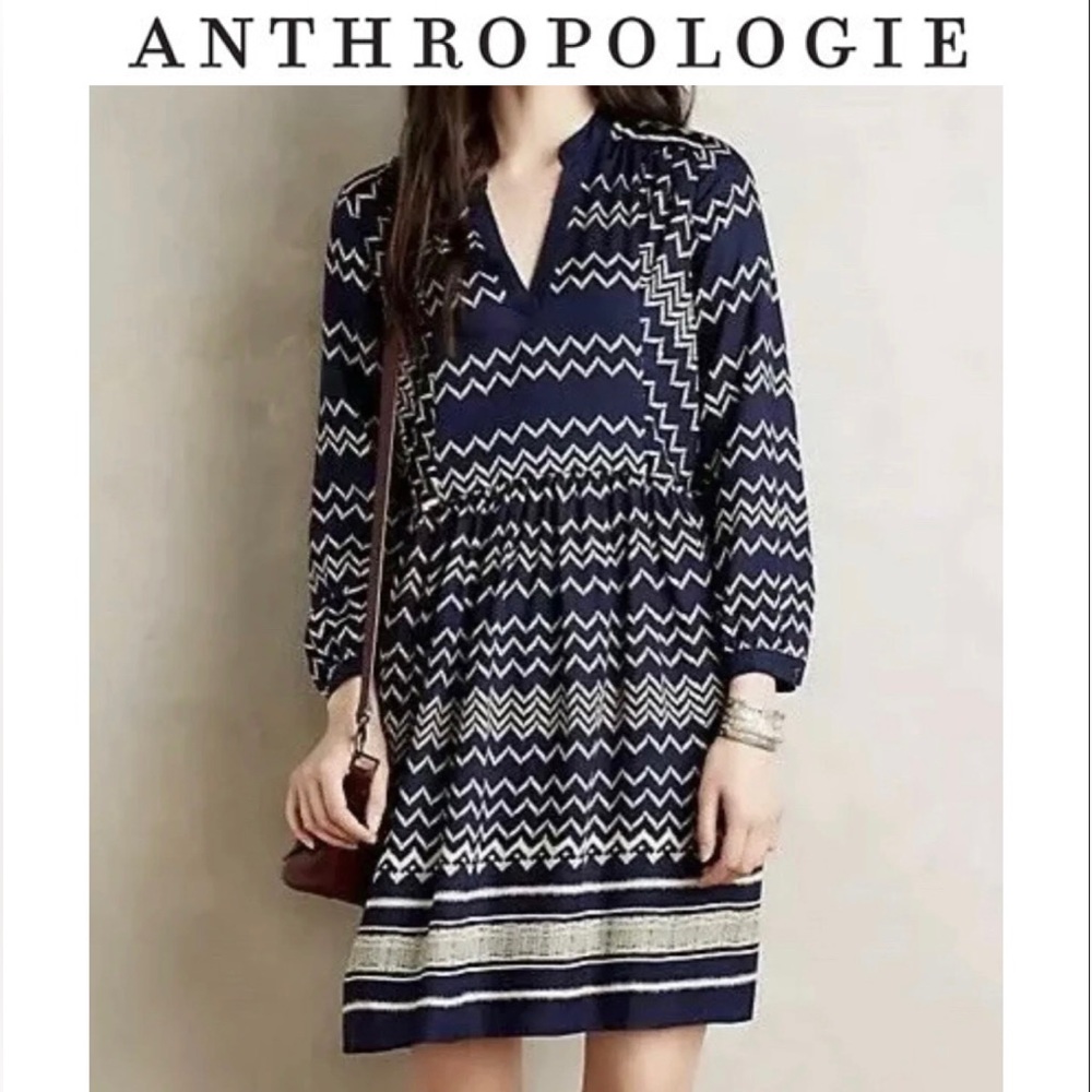 ANTHROPOLOGIE x Holding Horses Navy‎ Chevron Dress XS Pockets Long Sleeved Boho
